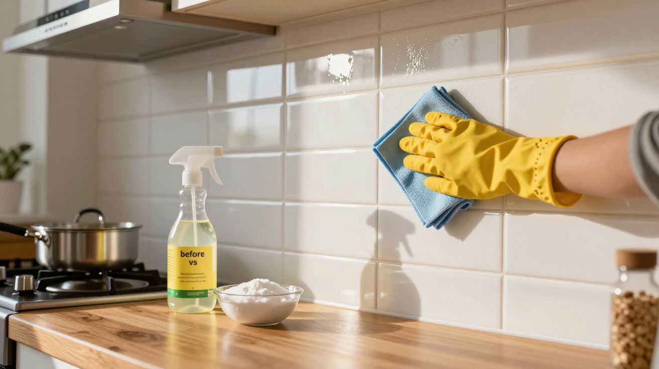 Mão com luva amarela a limpar azulejos de cozinha com pano azul e produtos de limpeza na bancada de madeira.