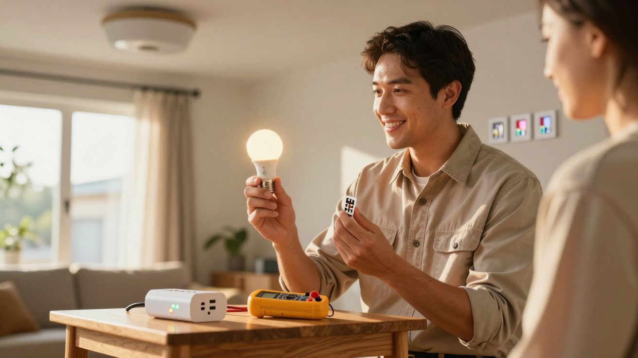 Homem sorridente segura lâmpada acesa e componente elétrico enquanto verifica em tomada numa sala iluminada.