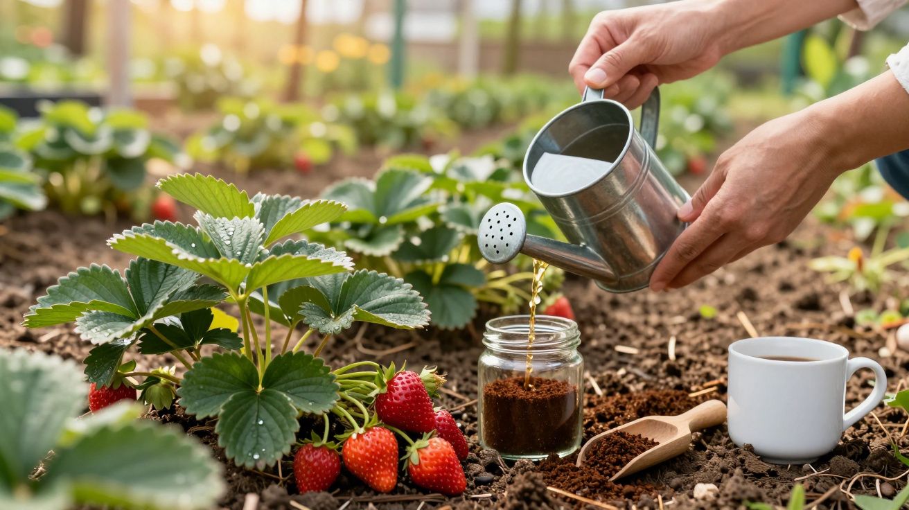 Pessoa a regar plantas de morango com uma pequena lata, jarro com terra e chá numa caneca branca.