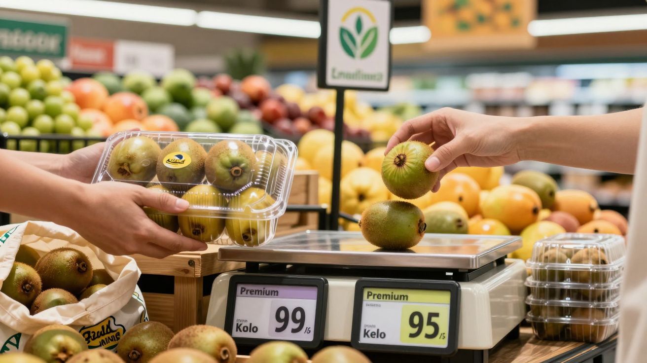 Pessoa coloca kiwi numa balança digital num supermercado, enquanto outra segura embalagem com mais kiwis.