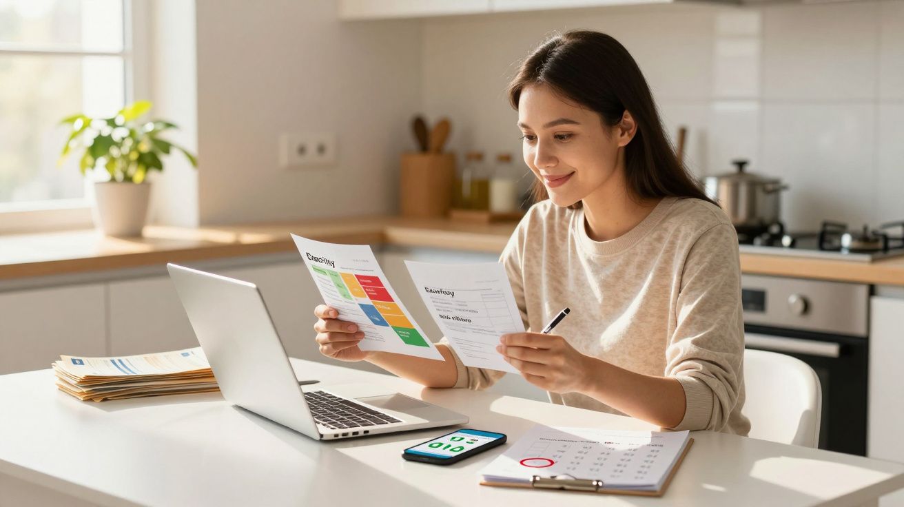 Mulher sentada numa cozinha a consultar documentos e a usar um computador portátil e um telemóvel sobre a mesa.