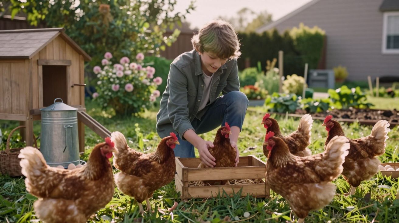 Menino a recolher galinhas num jardim com várias galinhas ao redor e casa para aves ao fundo.