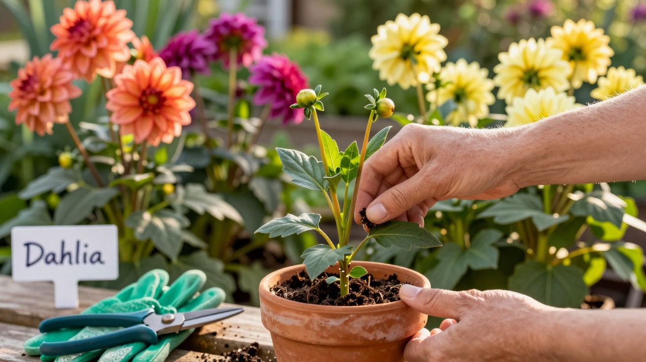 Mãos a cuidar de uma planta de dália num vaso de barro, rodeada por flores coloridas e ferramentas de jardinagem.