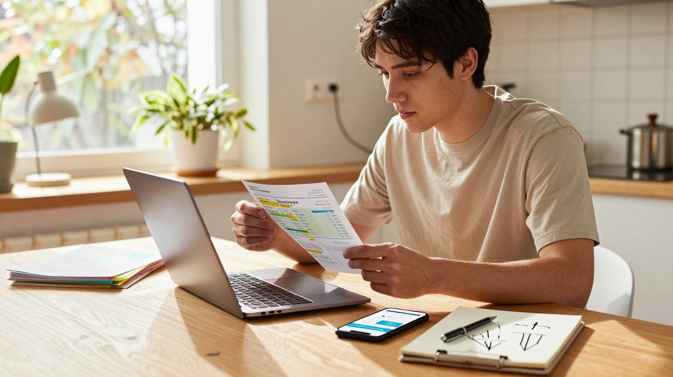 Jovem sentado à mesa a analisar faturas, com computador portátil e telemóvel na cozinha iluminada.
