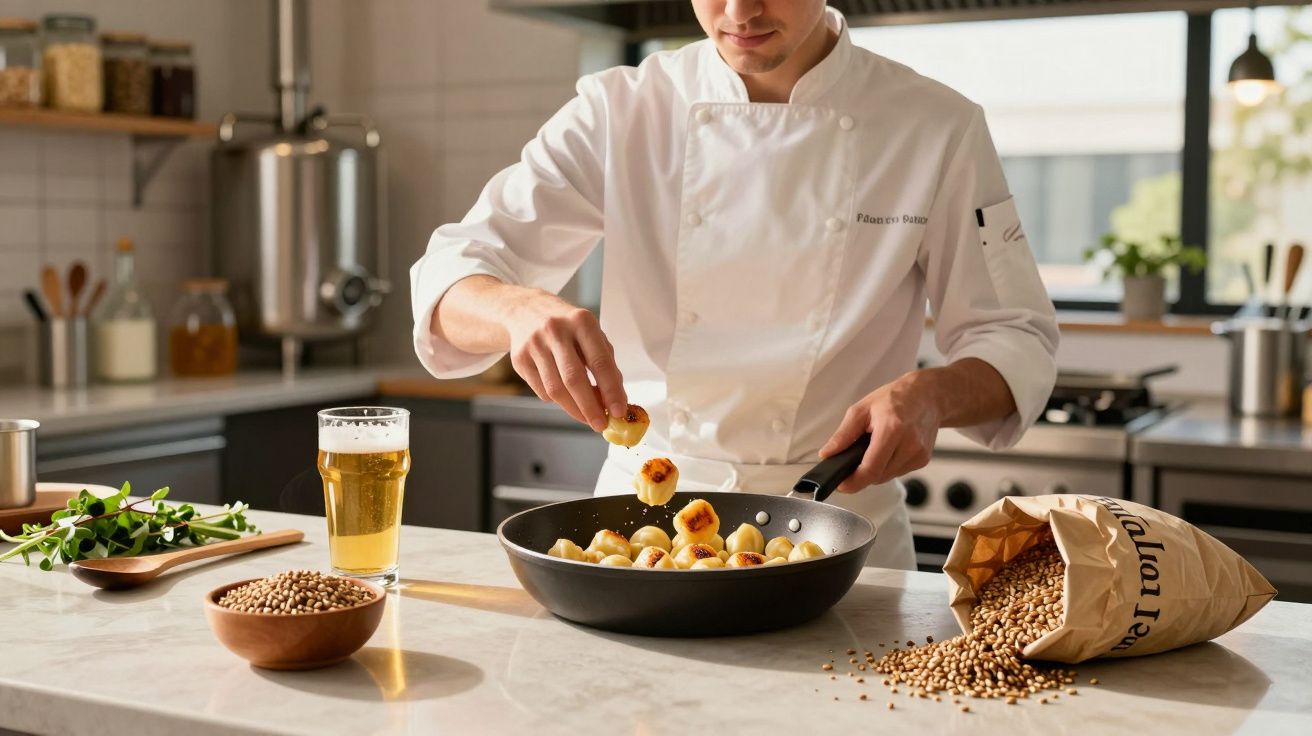 Chef a fritar bolinhas de massa numa frigideira numa cozinha moderna.