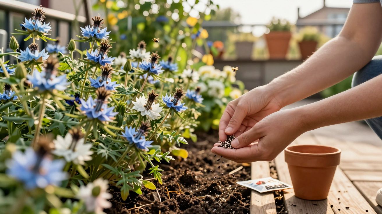 Mãos semeando sementes em terra junto a flores azuis e brancas num jardim ensolarado.