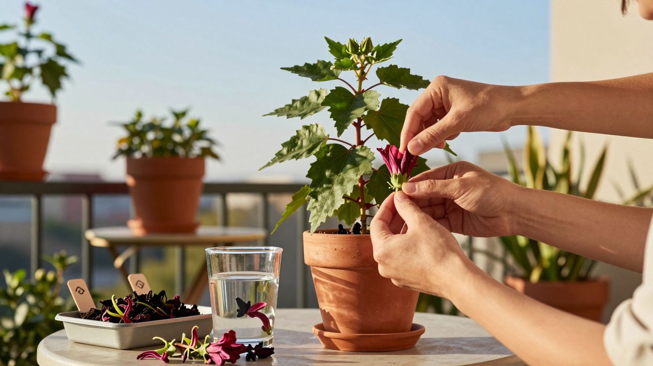 Mãos a cuidar de flor rosa numa planta em vaso de barro numa varanda com várias plantas ao sol.