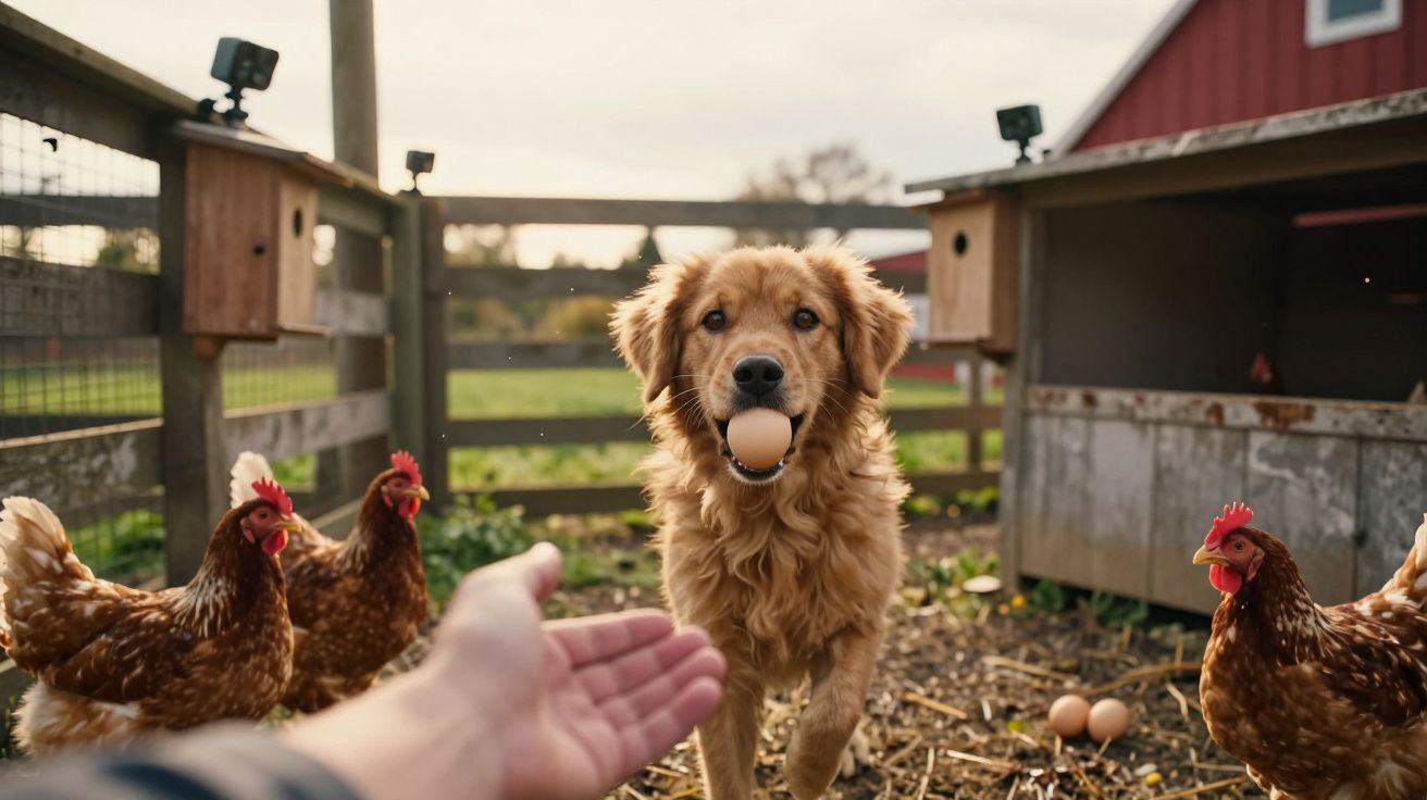 Cão dourado segurando um ovo na boca numa quinta com galinhas e uma mão estendida à sua frente.