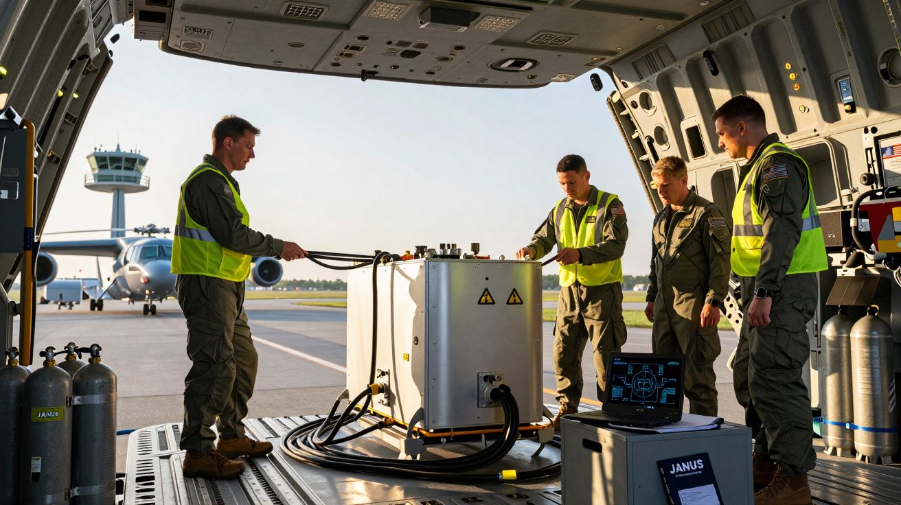 Quatro técnicos em fardas militares e coletes refletores operam equipamento num aeroporto com avião ao fundo.