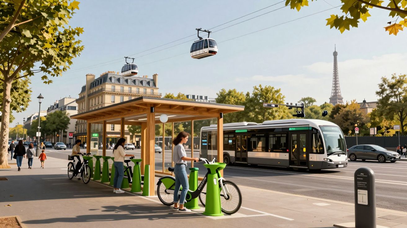 Estação de bicicletas verdes partilhadas em zona urbana com teleféricos, autocarro elétrico e Torre Eiffel ao fundo em Paris.