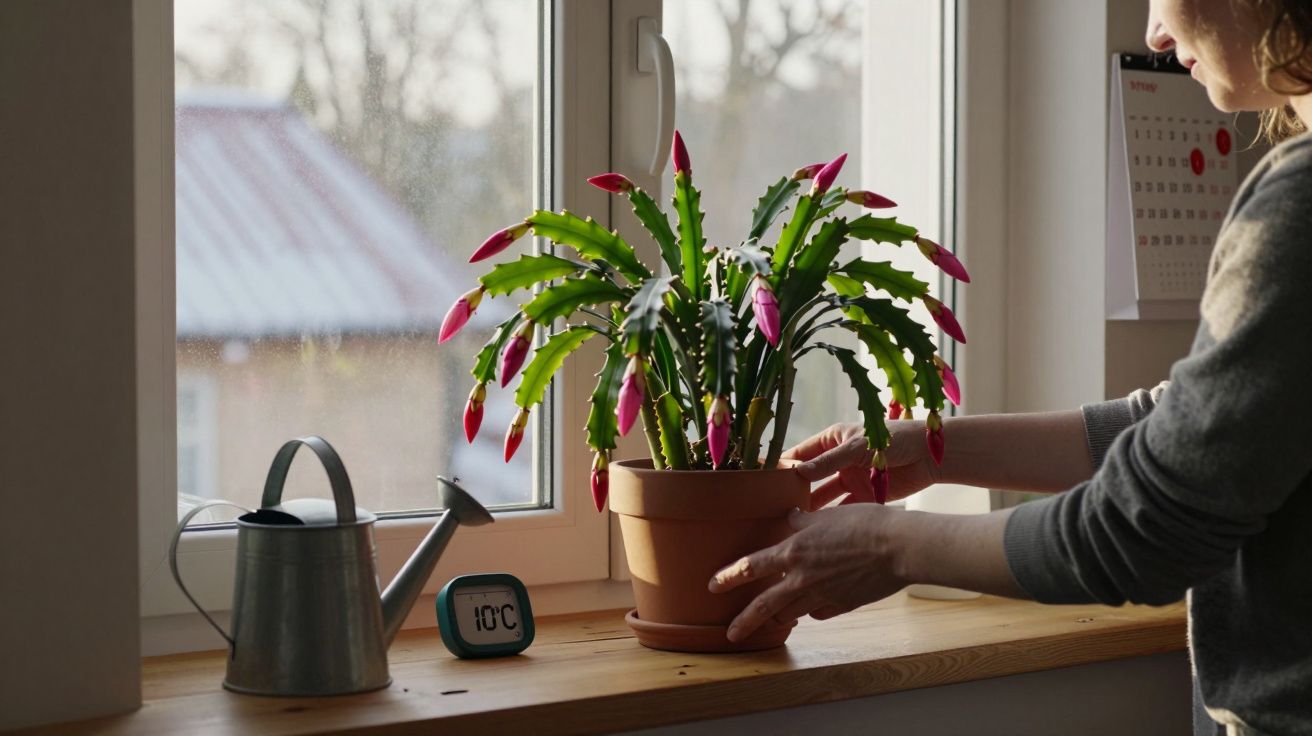Pessoa a cuidar de planta com flores cor-de-rosa numa janela com regador e termómetro digital a 10°C.