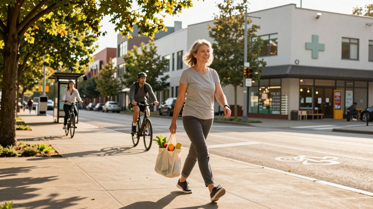 Mulher a caminhar com sacola de compras numa rua urbana, com ciclistas ao fundo numa manhã ensolarada.