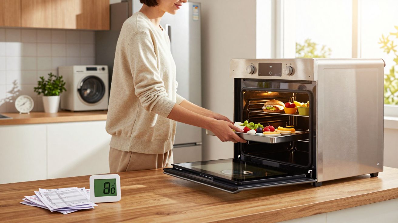 Pessoa a colocar tabuleiro com snacks saudáveis dentro de forno elétrico na cozinha moderna.