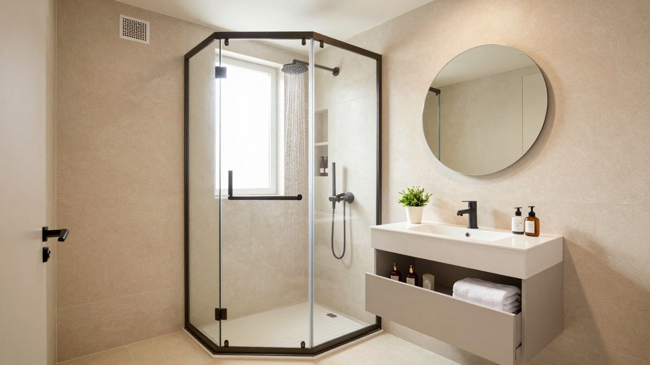 Casa de banho moderna com base de duche de vidro, lavatório suspenso e espelho redondo.