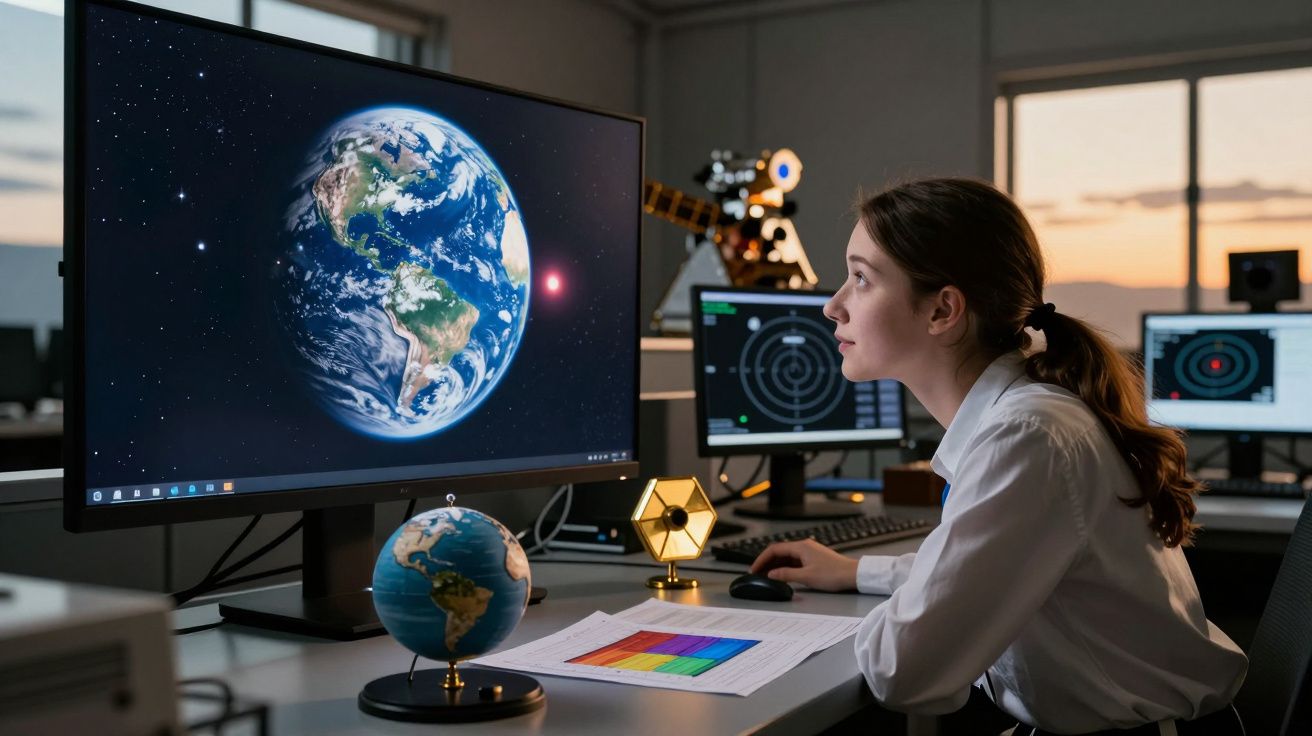 Mulher jovem observa imagem da Terra no ecrã de computador numa sala com equipamentos científicos.