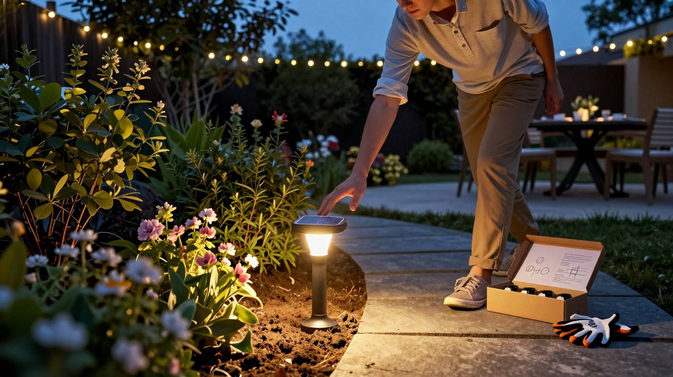 Pessoa a instalar iluminação solar num jardim à noite perto de flores e caminho de pedra.