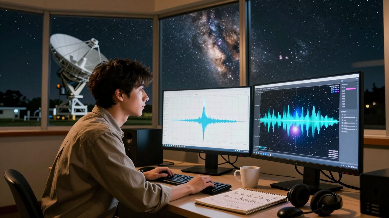 Pessoa a analisar sinais e dados astronómicos em dois ecrãs num laboratório com antena parabólica ao fundo.