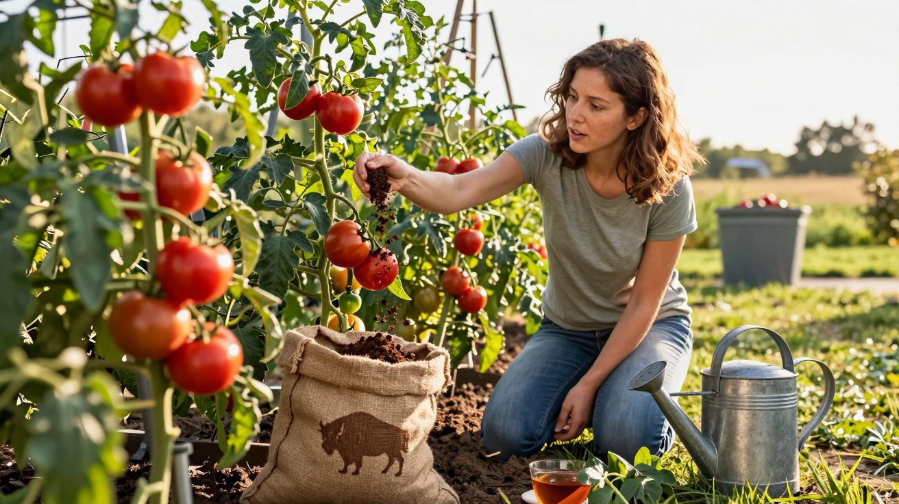 Mulher a adubar plantas de tomate num jardim, junto a regador e saco de adubo orgânico.