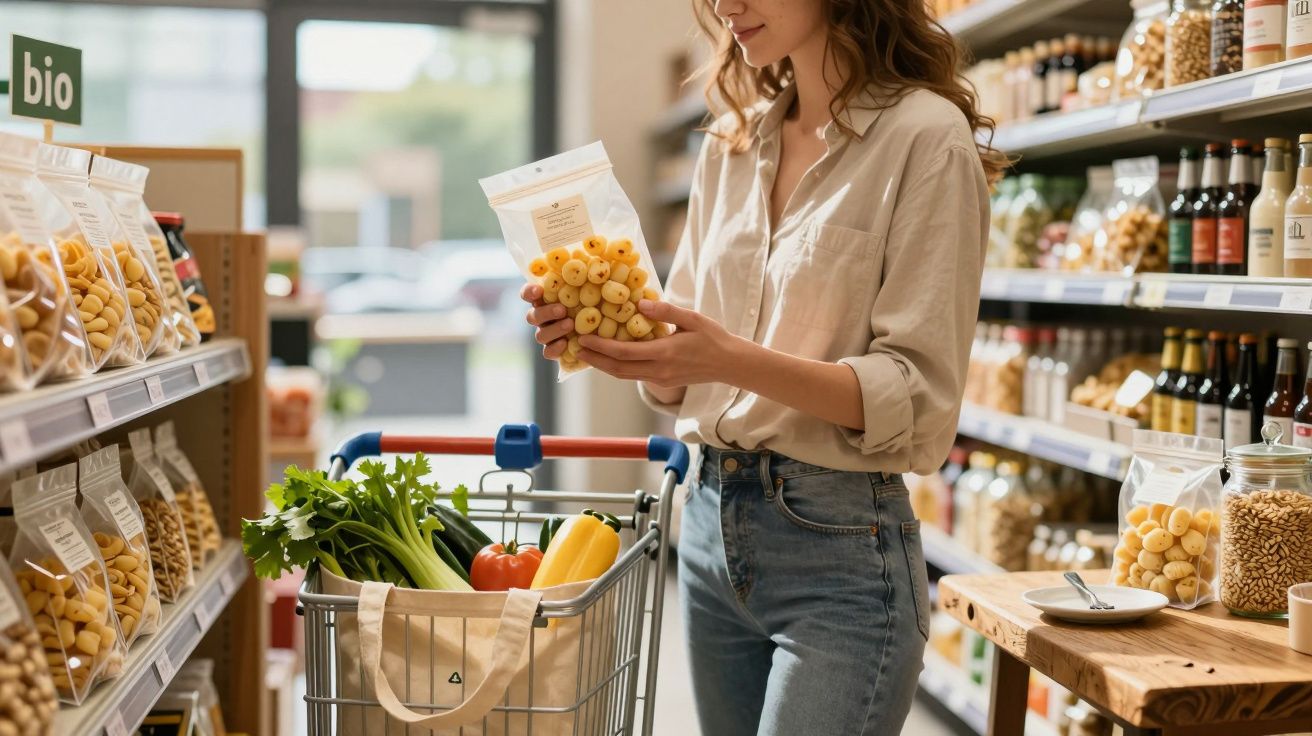Mulher a segurar pacote de massa num supermercado bio, com carrinho cheio de legumes frescos.