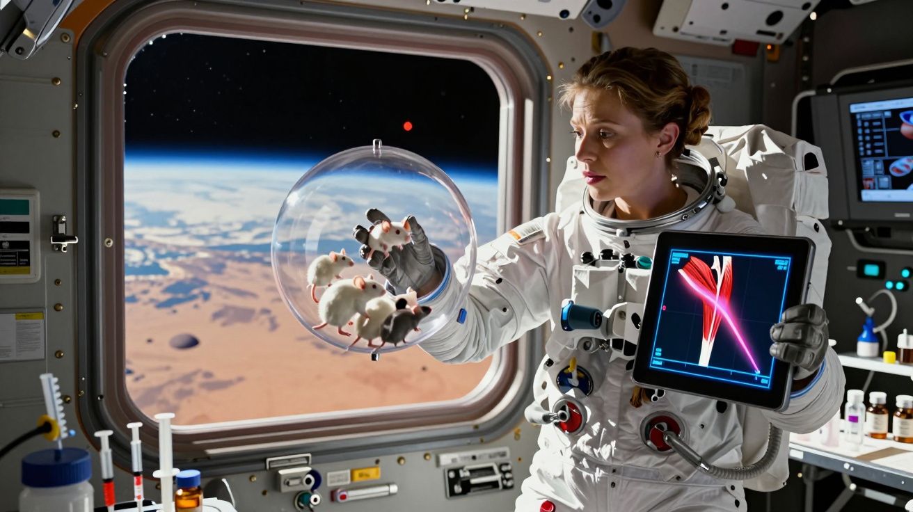 Astronauta dentro de estação espacial com ratos brancos em câmara de vidro e tablet com imagem médica.