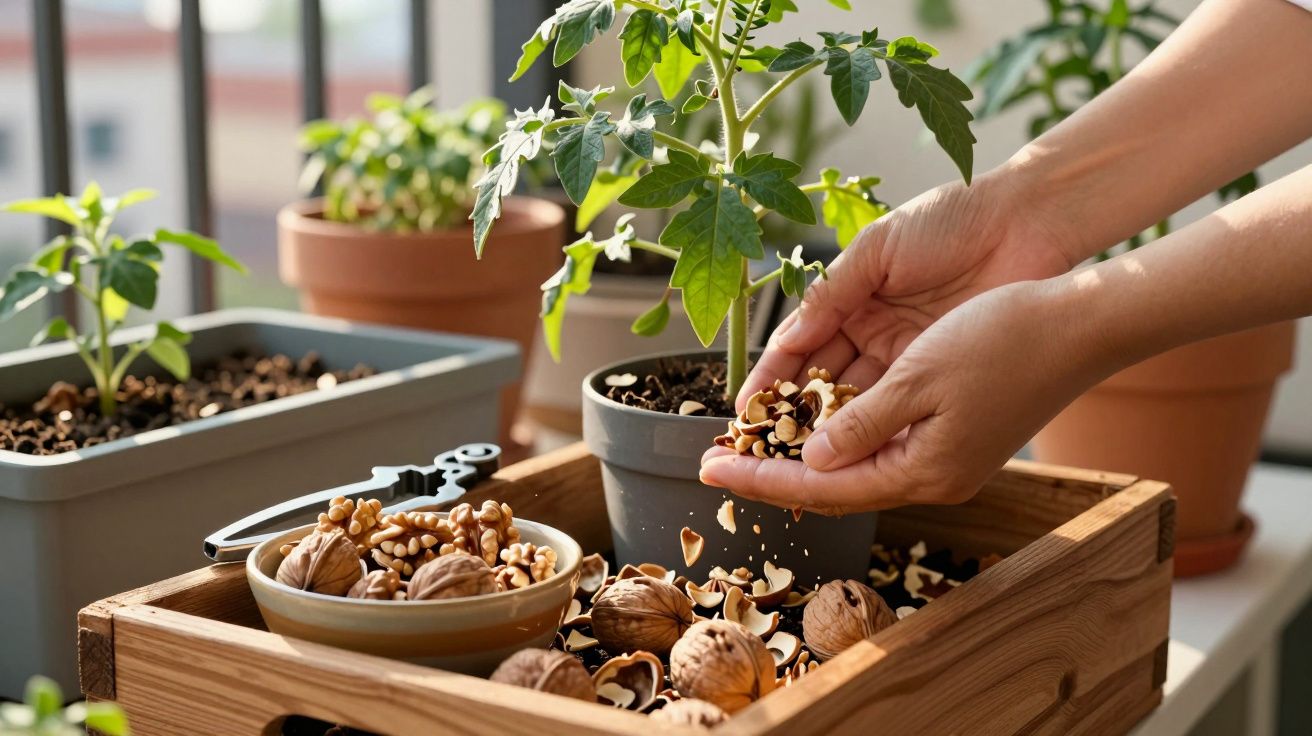 Mãos a descascar nozes sobre caixa de madeira junto a vasos com plantas num ambiente iluminado.