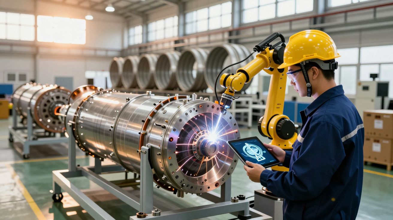 Técnico com capacete de segurança usando tablet enquanto robô industrial trabalha numa peça metálica numa fábrica.