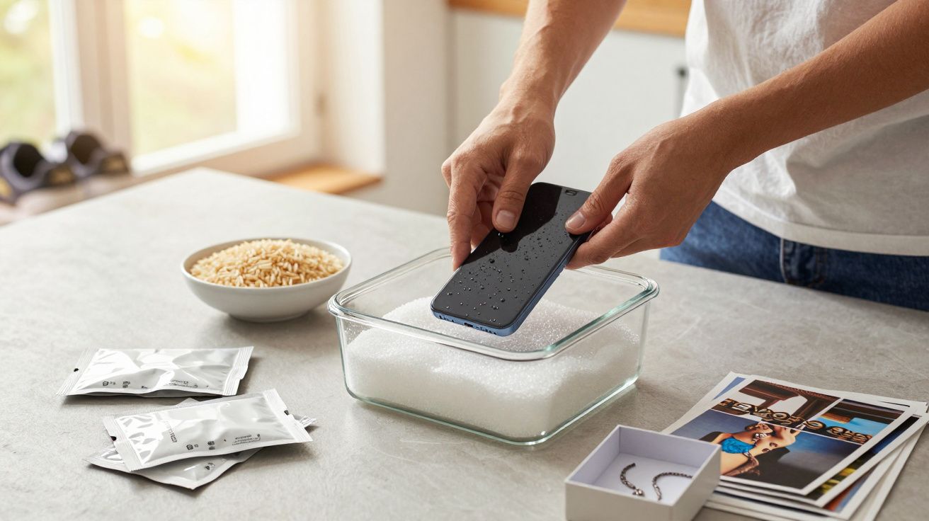 Pessoa a colocar telemóvel húmido dentro de recipiente com arroz para secar sobre bancada de cozinha.