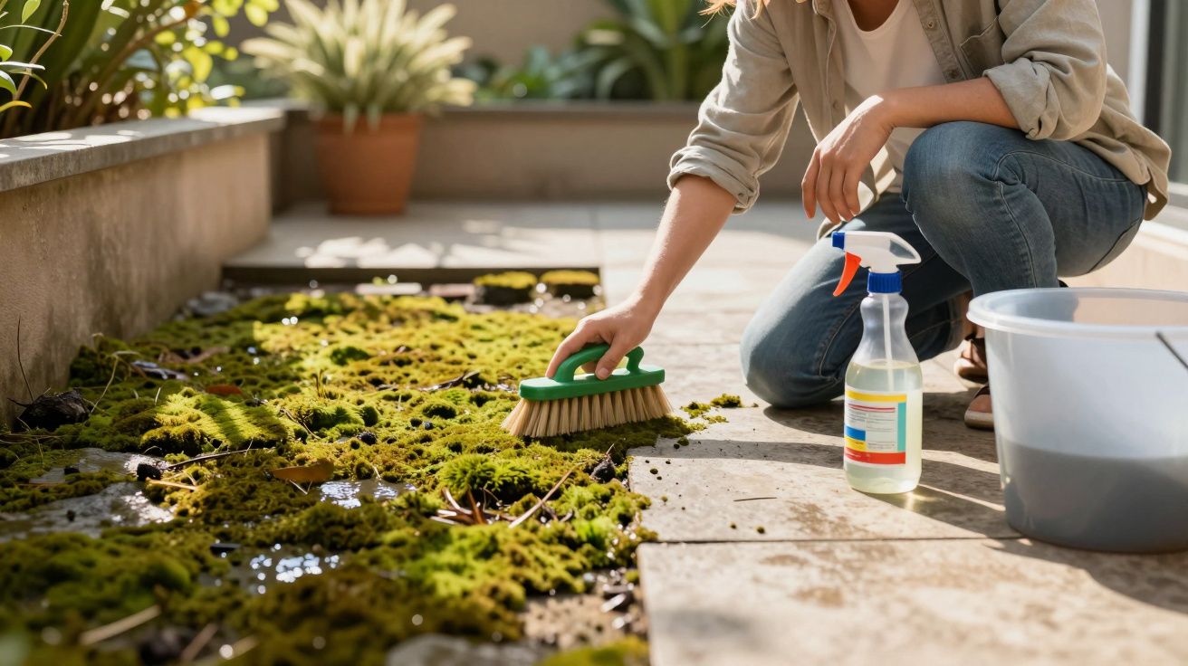 Pessoa a limpar musgo do chão exterior com escova, spray e balde junto.