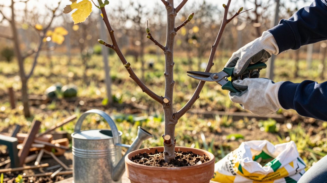 Pessoa a podar ramo de árvore jovem numa planta em vaso, com regadora e terra ao lado.