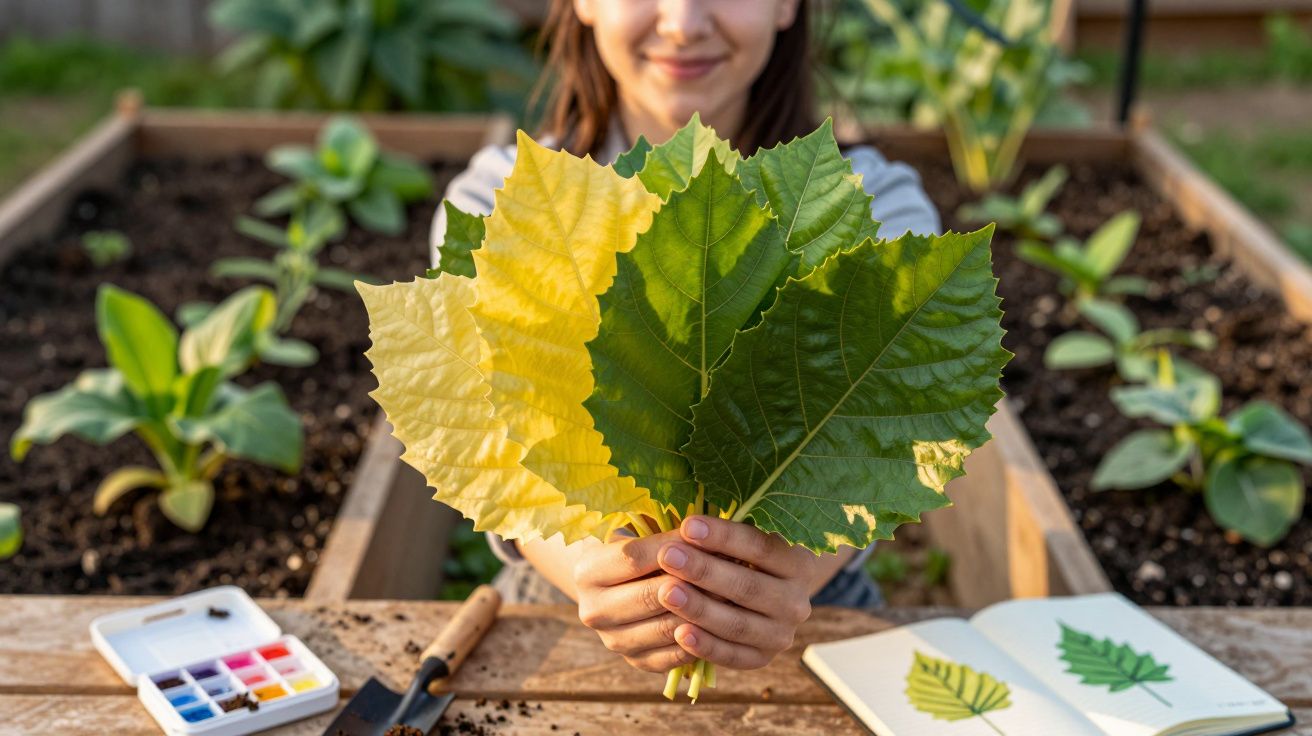 Pessoa a segurar folhas verdes e amarelas no jardim com material de desenho e plantas ao fundo.