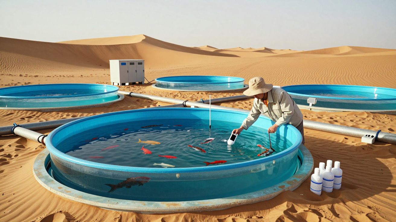 Tanques azuis com peixes num deserto com homem a testar a água e cilindros brancos ao lado.