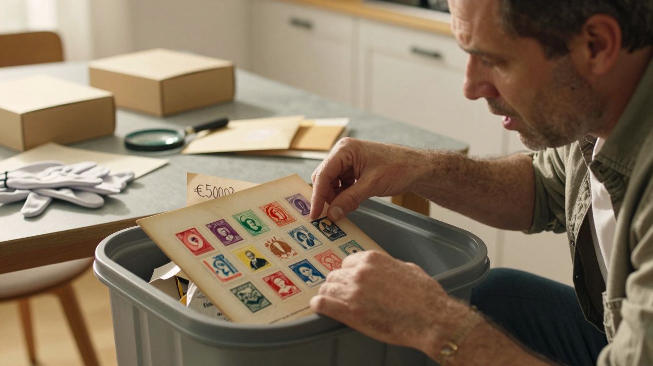 Homem a examinar folha com selos antigos dentro de contentor cinzento numa cozinha.