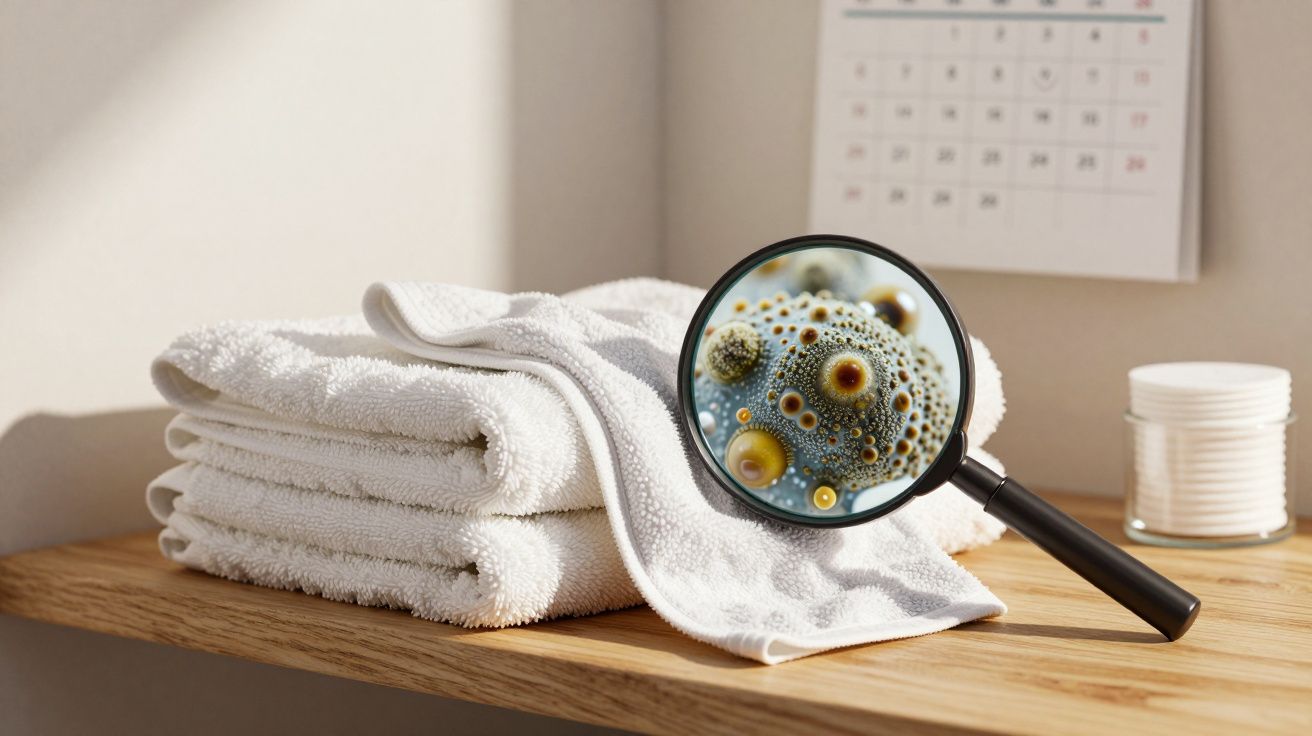 Pilha de toalhas brancas dobradas numa prateleira com lupa mostrando microrganismos numa delas.