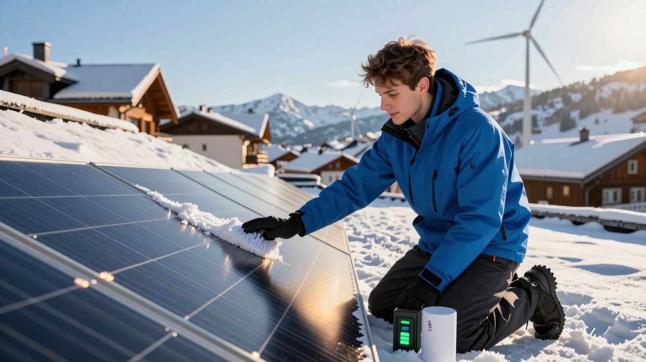 Jovem limpa neve de painéis solares numa área montanhosa com casas e turbinas eólicas ao fundo.