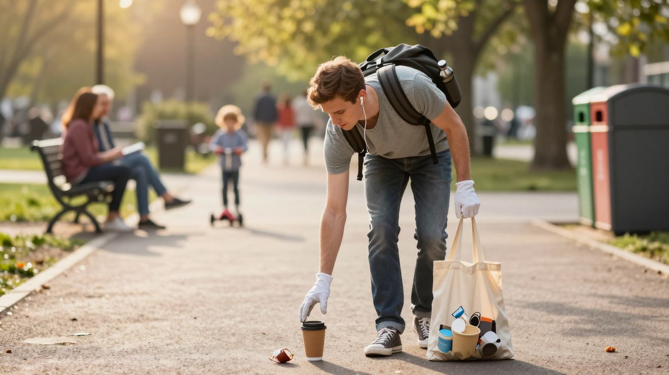 Jovem apanha lixo no parque, usando luvas e mochila, com sacola cheia de copos descartáveis.