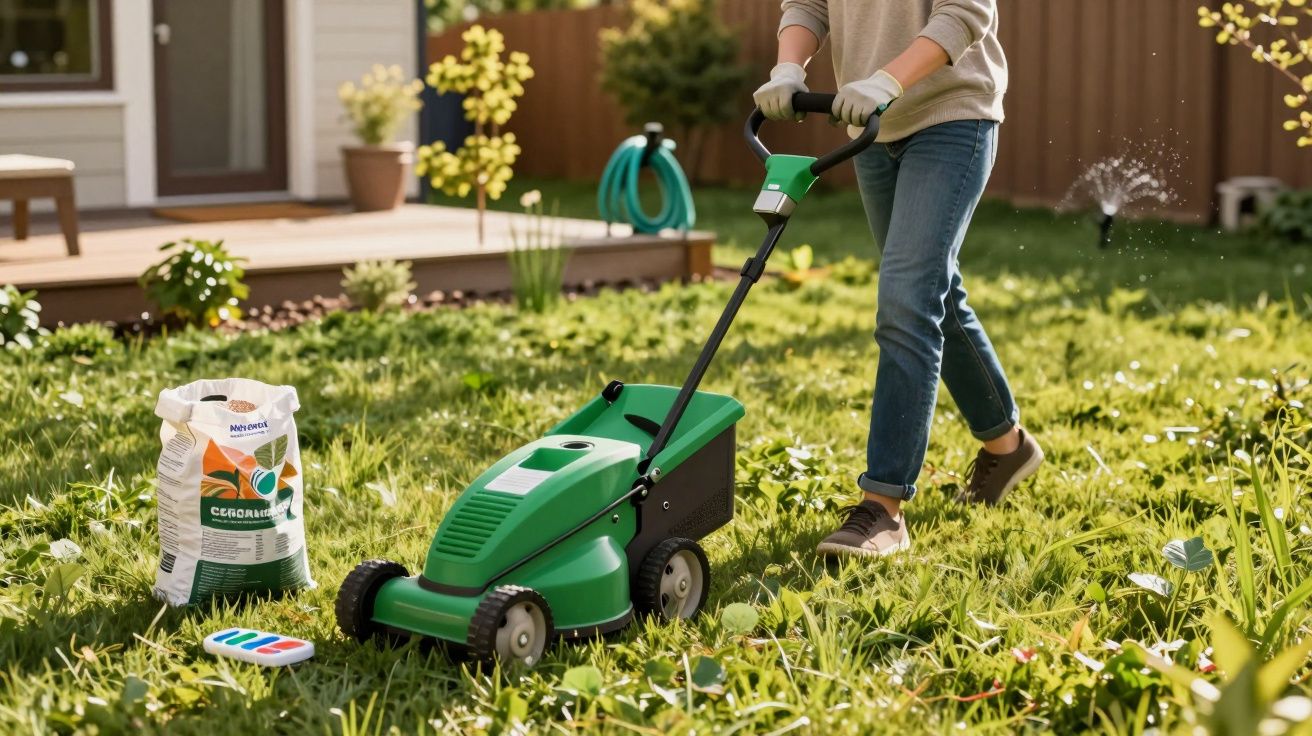Pessoa a cortar relva com um cortador elétrico verde num jardim ensolarado.