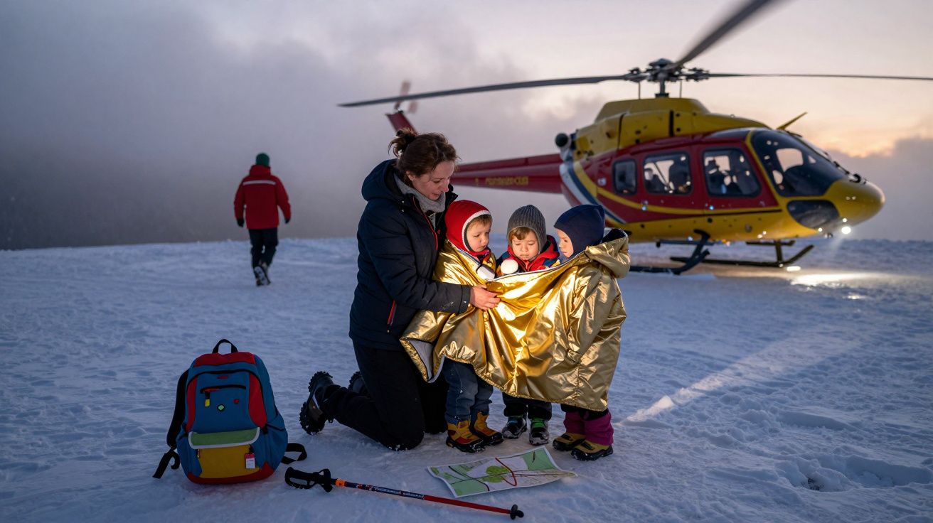 Resgate de três crianças em neve, cobertas com manta térmica, junto a helicóptero de emergência ao anoitecer.