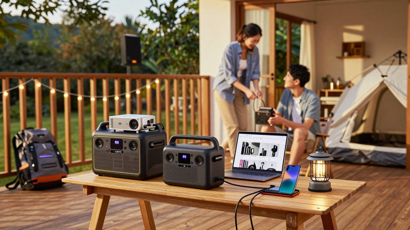 Mesa de madeira com equipamentos eletrónicos e casal junto a tenda numa varanda exterior ao ar livre.