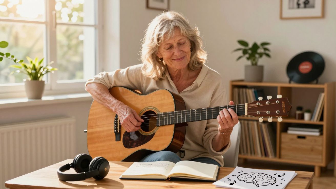 Mulher idosa sentada numa sala a tocar guitarra acústica, com livros e auscultadores na mesa.
