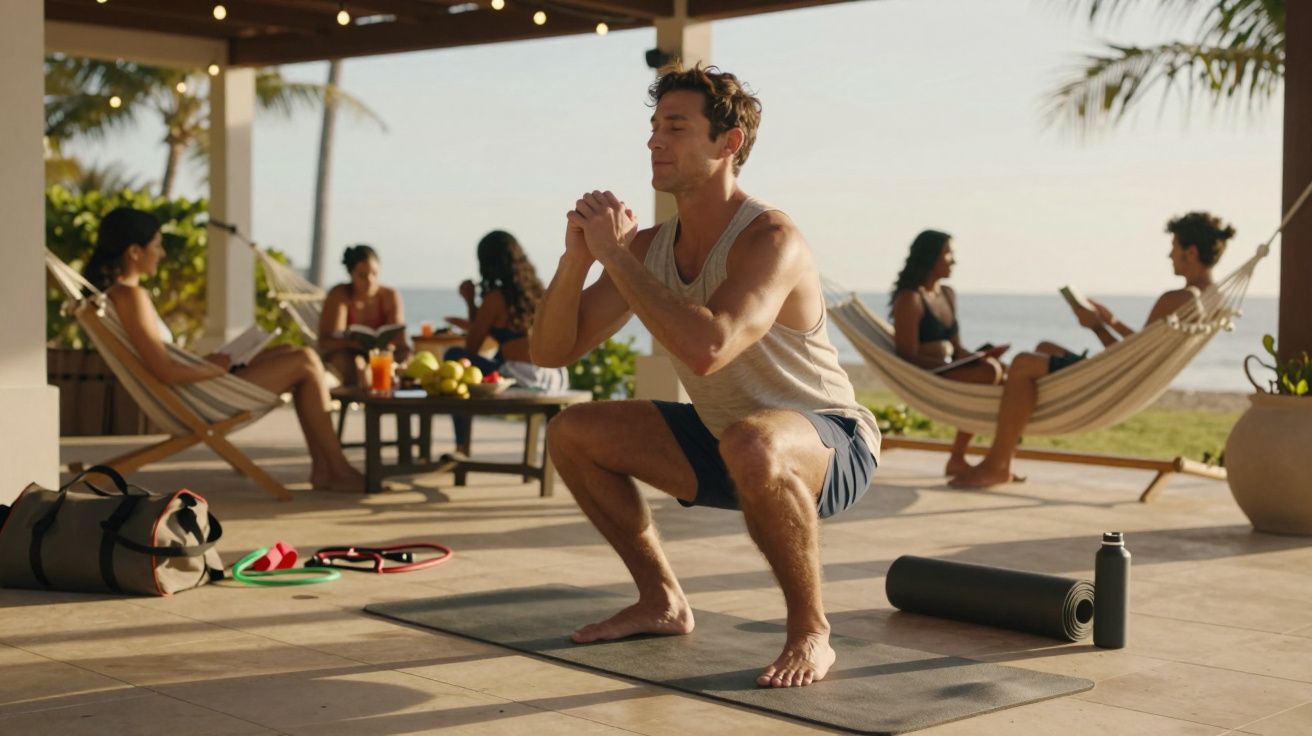 Homem a fazer agachamentos numa varanda com grupo de pessoas sentado junto a uma mesa, próximo da praia.