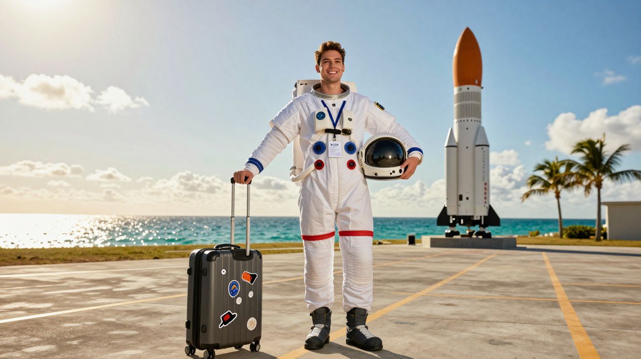 Homem vestido de astronauta junto a mala, com capacete na mão, perto de foguetão e mar ao fundo sob céu azul.