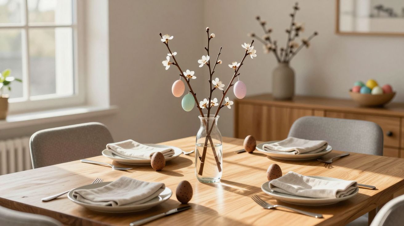 Mesa de madeira com quatro lugares, decorada com flores brancas e ovos de Páscoa coloridos.
