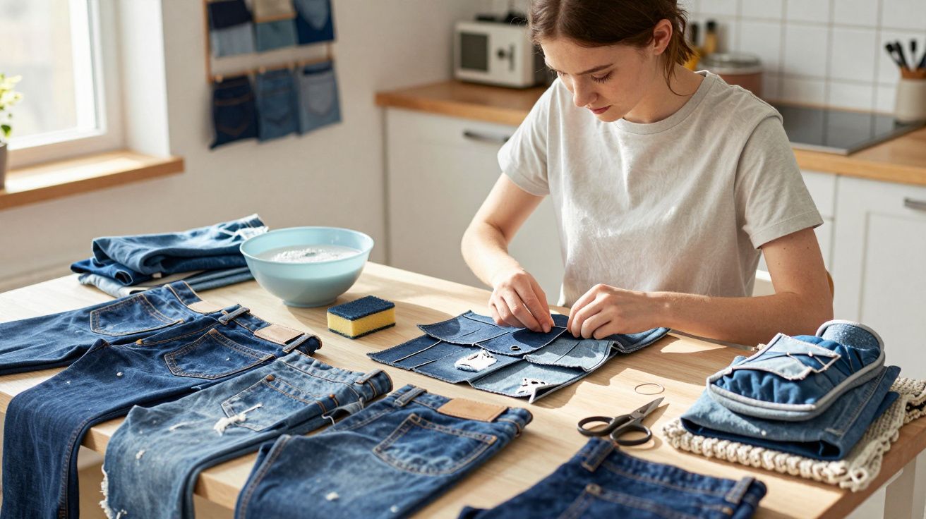 Mulher remendando jeans em cozinha com várias peças de ganga espalhadas sobre a mesa de madeira.