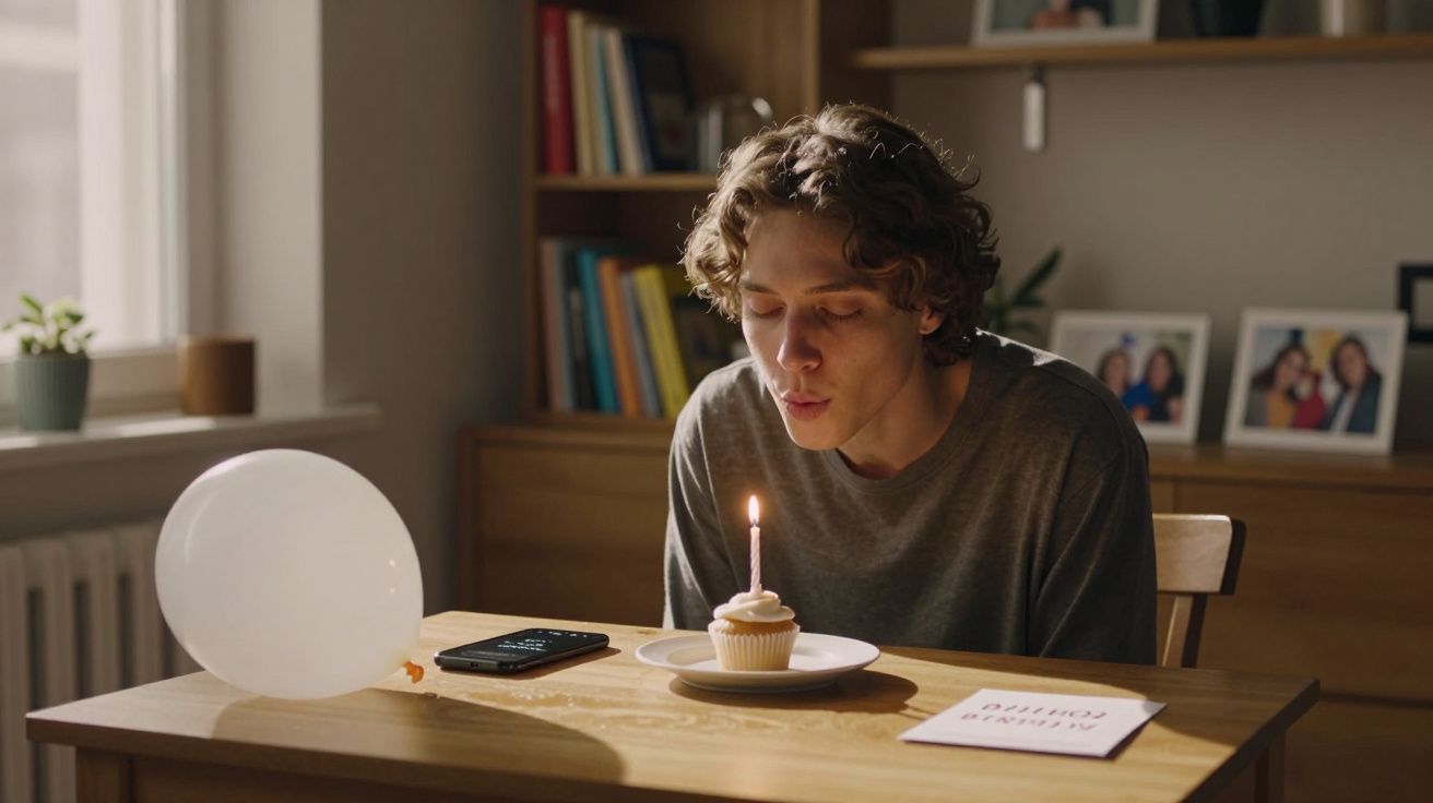 Jovem a soprar vela num cupcake numa mesa com balão branco e cartão de aniversário.