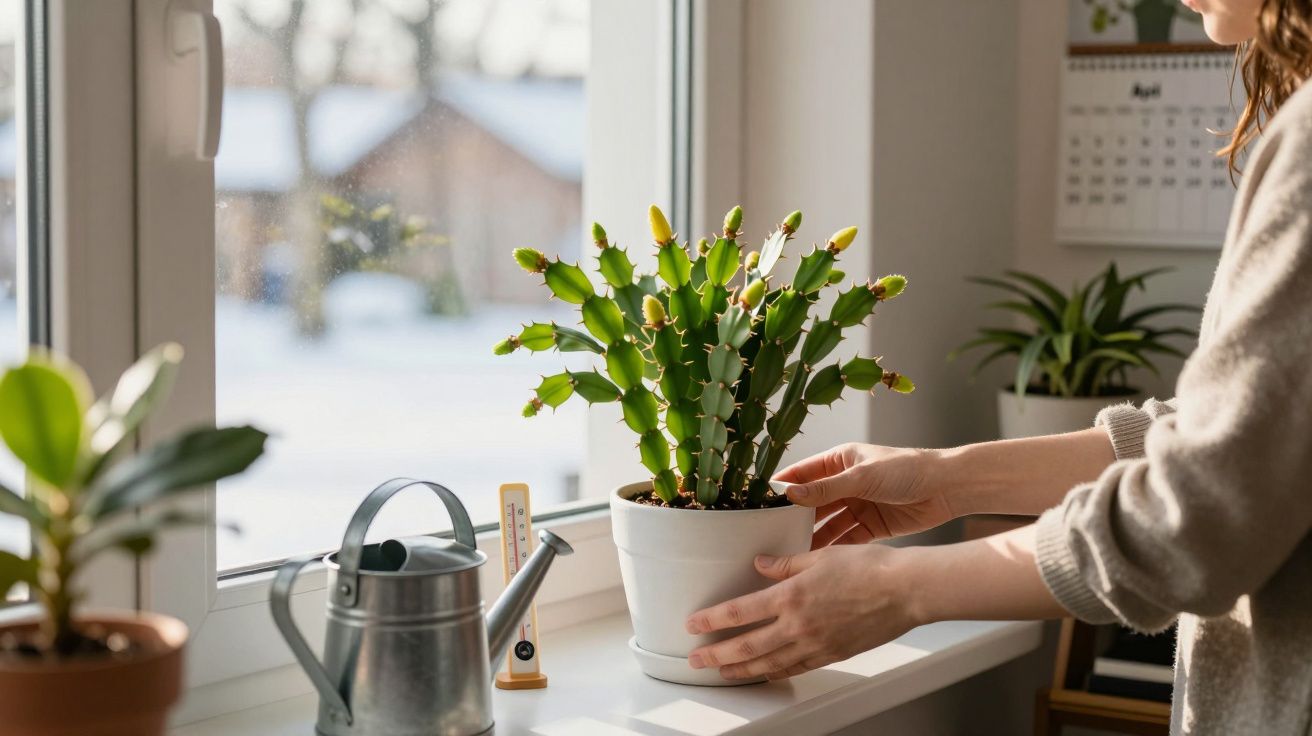 Pessoa a cuidar de planta verde numa janela com regador e calendário ao fundo.