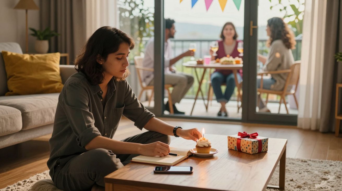 Pessoa sozinha em casa a apagar vela de cupcake com presente na mesa, enquanto grupo celebra no fundo.