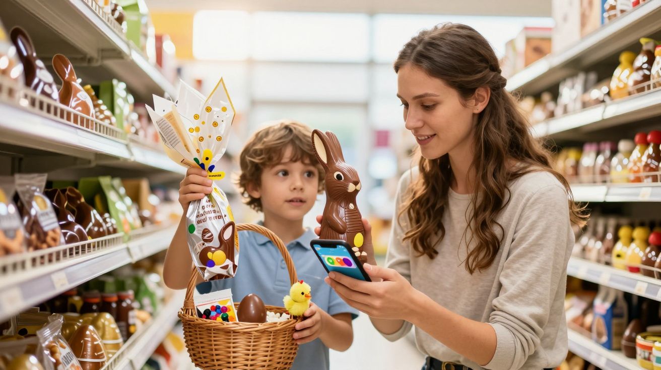 Mãe e filho com cesta de Páscoa compram chocolates numa prateleira de supermercado.
