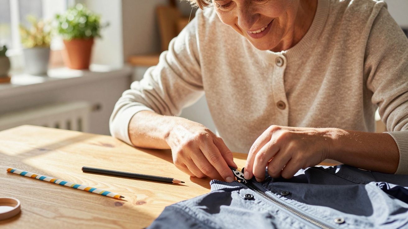 Mulher idosa feliz a consertar um casaco azul numa mesa iluminada pela luz natural.