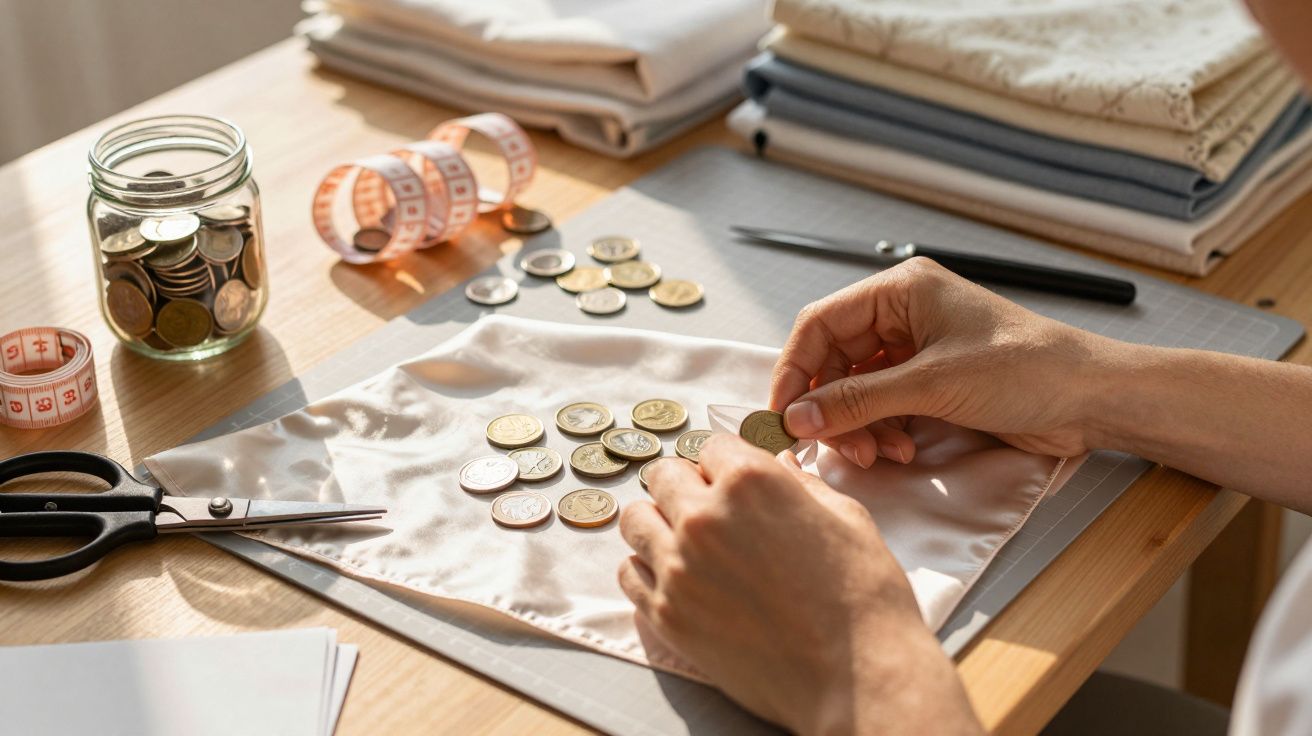Mãos a contar moedas sobre tecido, jarro com moedas, fita métrica, tesoura e tecidos empilhados numa mesa de madeira.