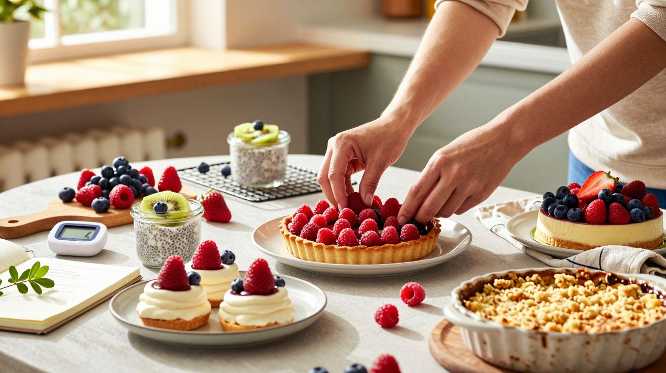 Mãos decoram tarte de framboesas numa mesa com várias sobremesas e frutos vermelhos numa cozinha iluminada.